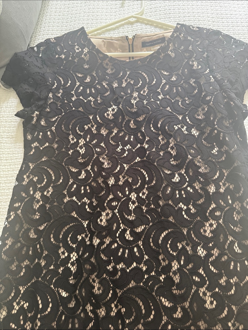 Tommy Hilfiger Black Lace Overlay Short Sleeve Top with Nude Lining